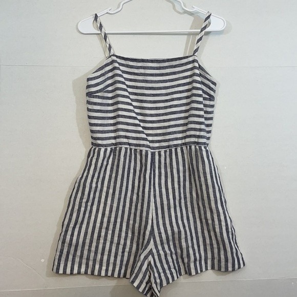 C&C California Pants - C&C California Linen Romper with Pockets, Lined, Blue & White Striped, Size 4
